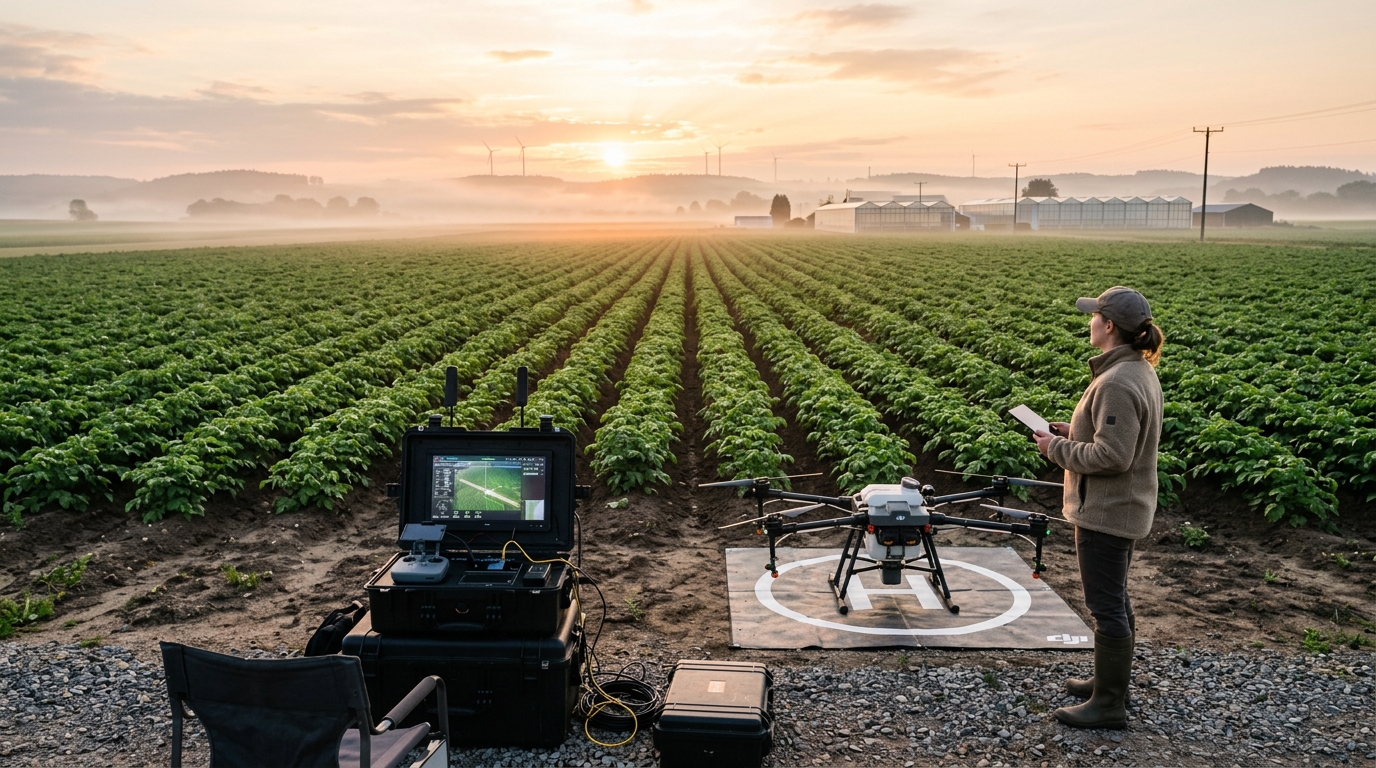 Precision AI agricultural technology deployed on a farm at dawn