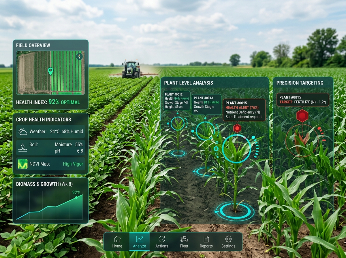 AI crop health dashboard with plant-level analysis overlay