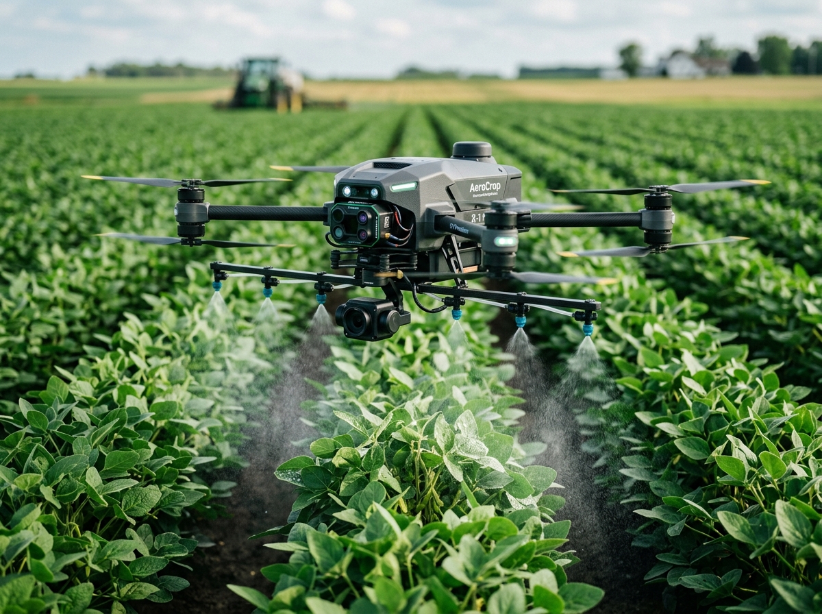 Autonomous drone deploying targeted spray on crop rows