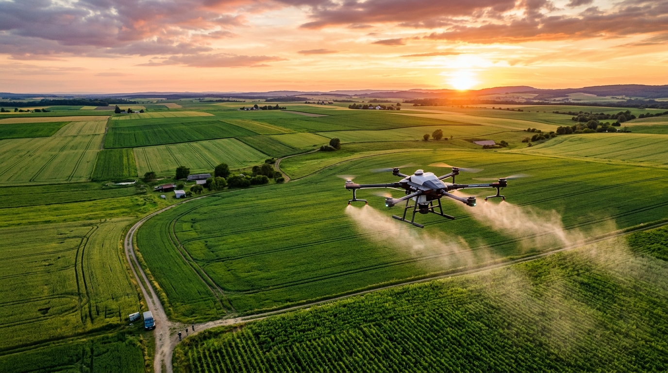 Autonomous drone flying over green farmland at golden hour